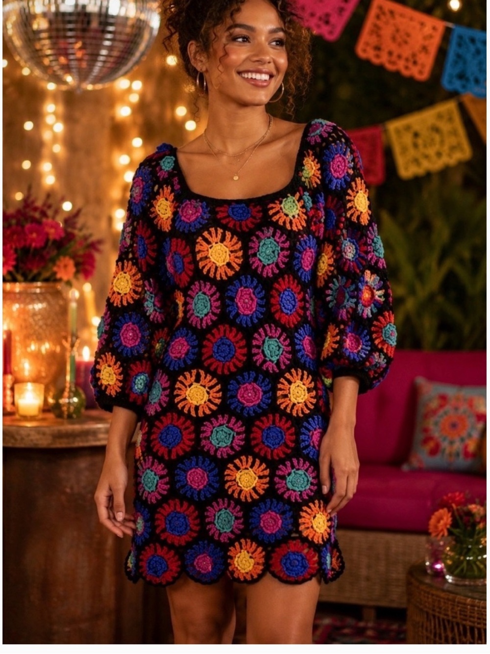 NWT Farm Rio Crochet Flowers Floral Mini Long Sleeve Dress Black XS